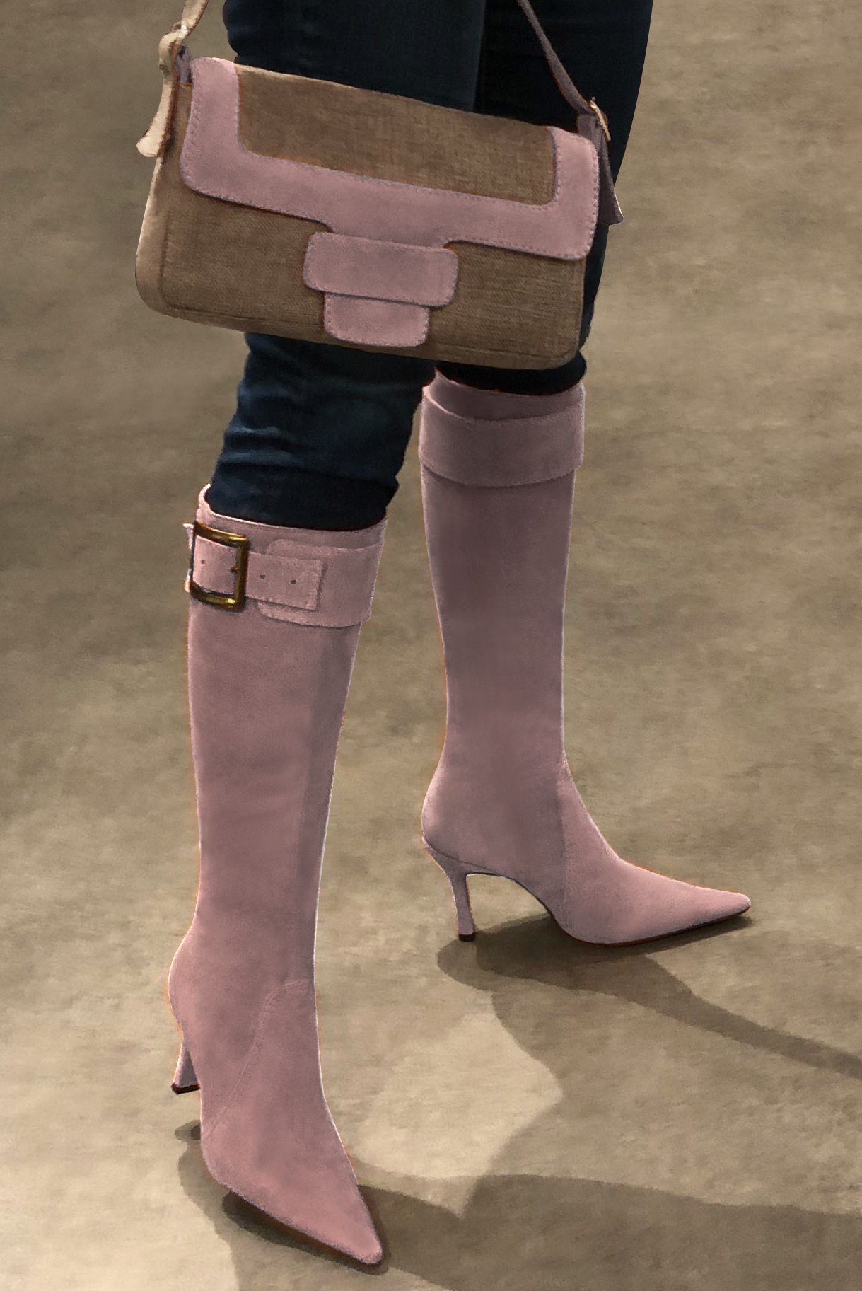 Caramel brown and dusty rose pink women's dress handbag, matching pumps and belts. Worn view - Florence KOOIJMAN